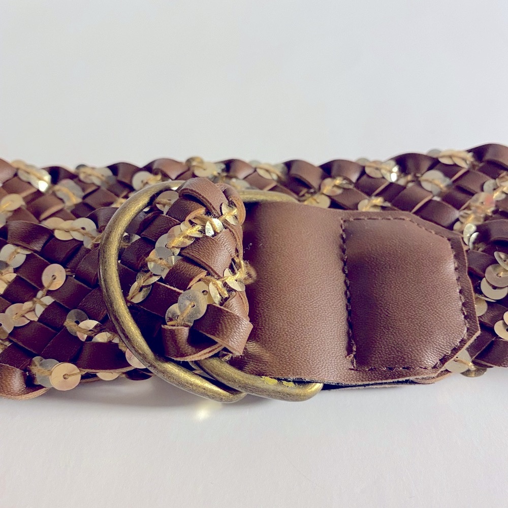 Vintage Brown and Gold sequins weaved  Belt with Bronze hardware. EUC
